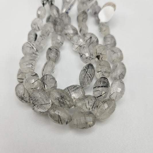 10-12mm Rutilated Quartz Faceted Barrel Bead Strand.