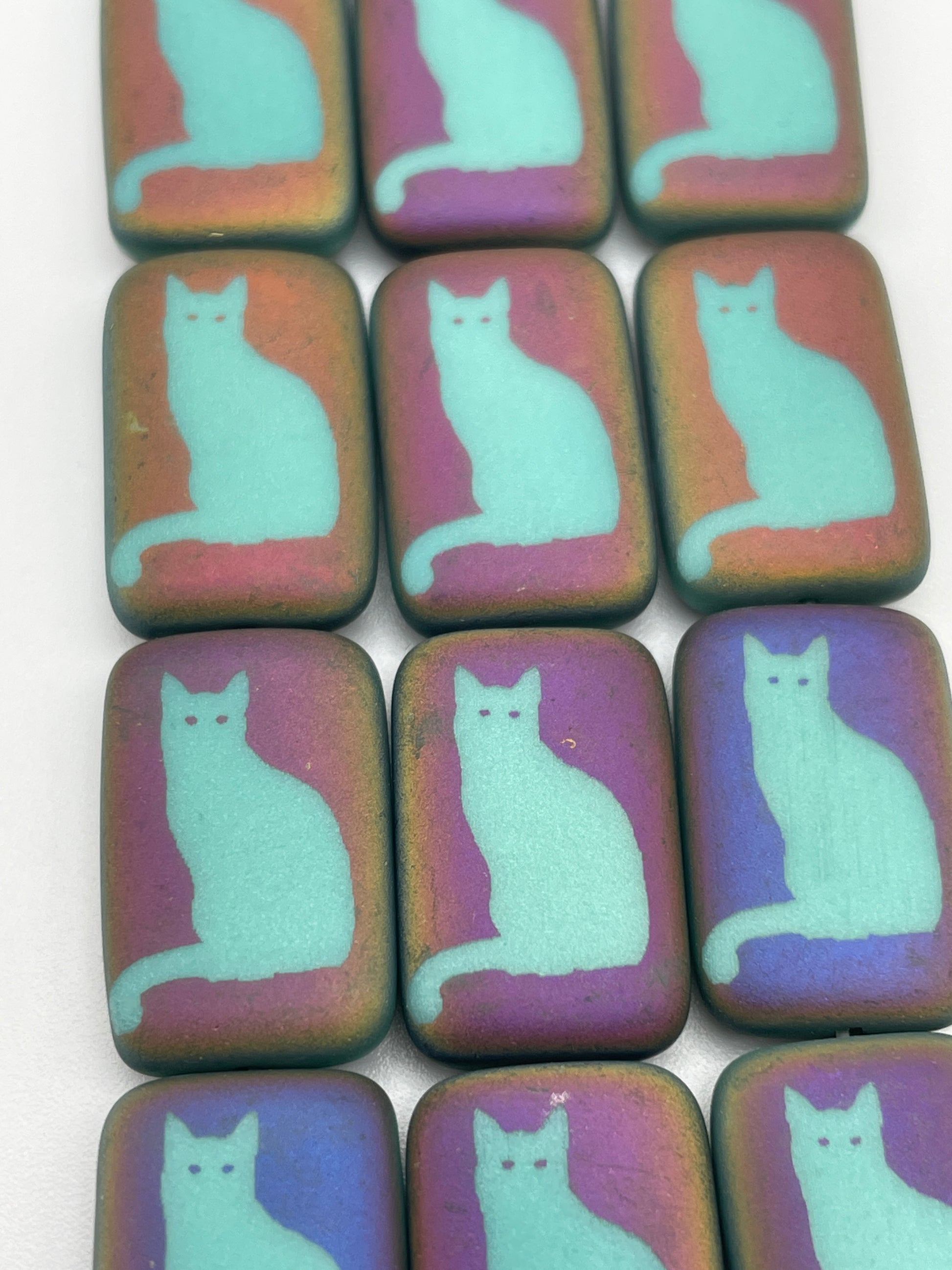 10 By 19mm Teal Cat Czech Bead Strand.