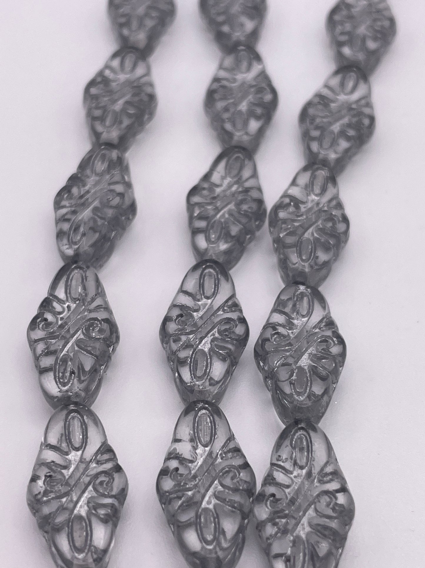 10mm Clear Grey Pattern Rhombus Czech Bead Strand.