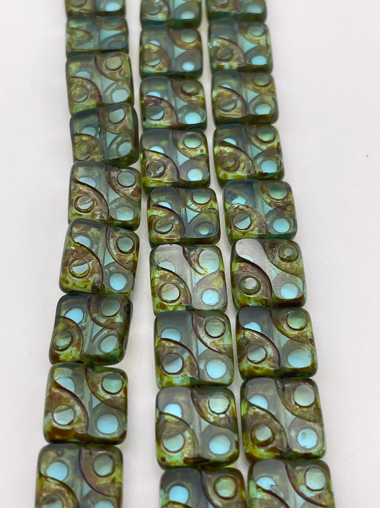 10mm Green and Blue Square Czech Bead Strand.