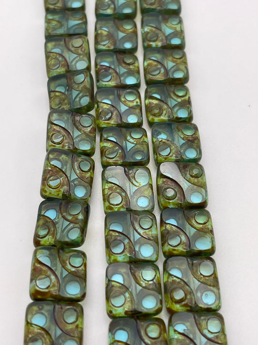 10mm Green and Blue Square Czech Bead Strand.