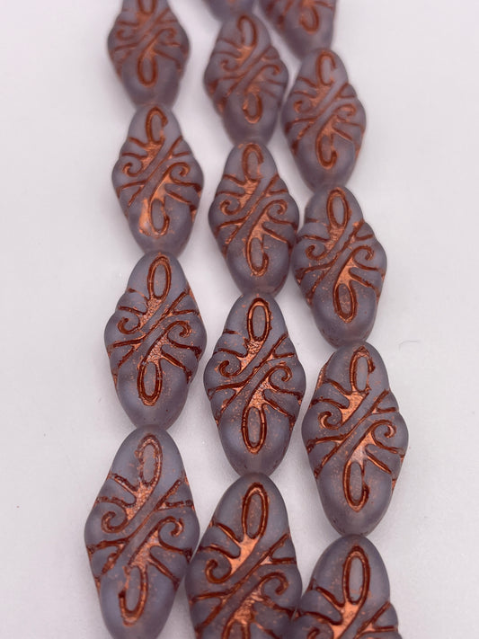 10mm Grey & Copper Pattern Rhombus Czech Bead Strand.