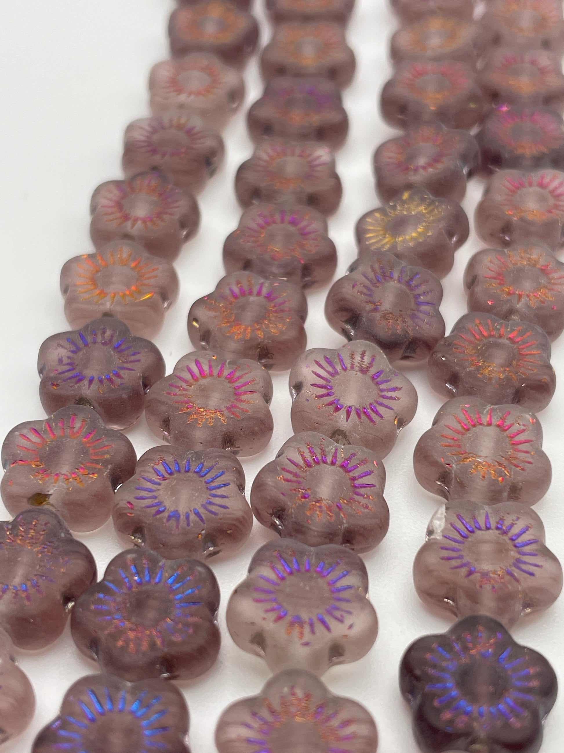 10mm Purple Flower Czech Bead Strand.