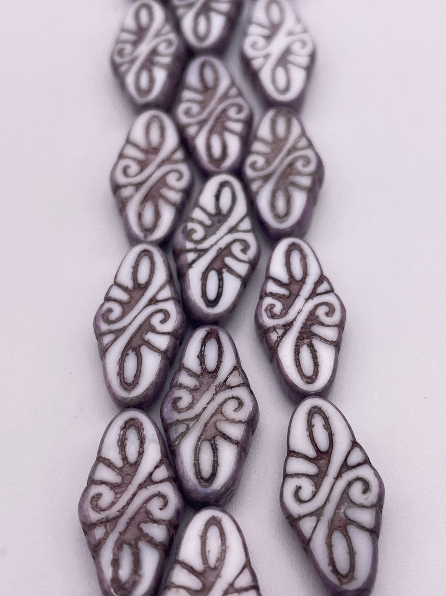 10mm Purple & White Pattern Rhombus Czech Bead Strand.