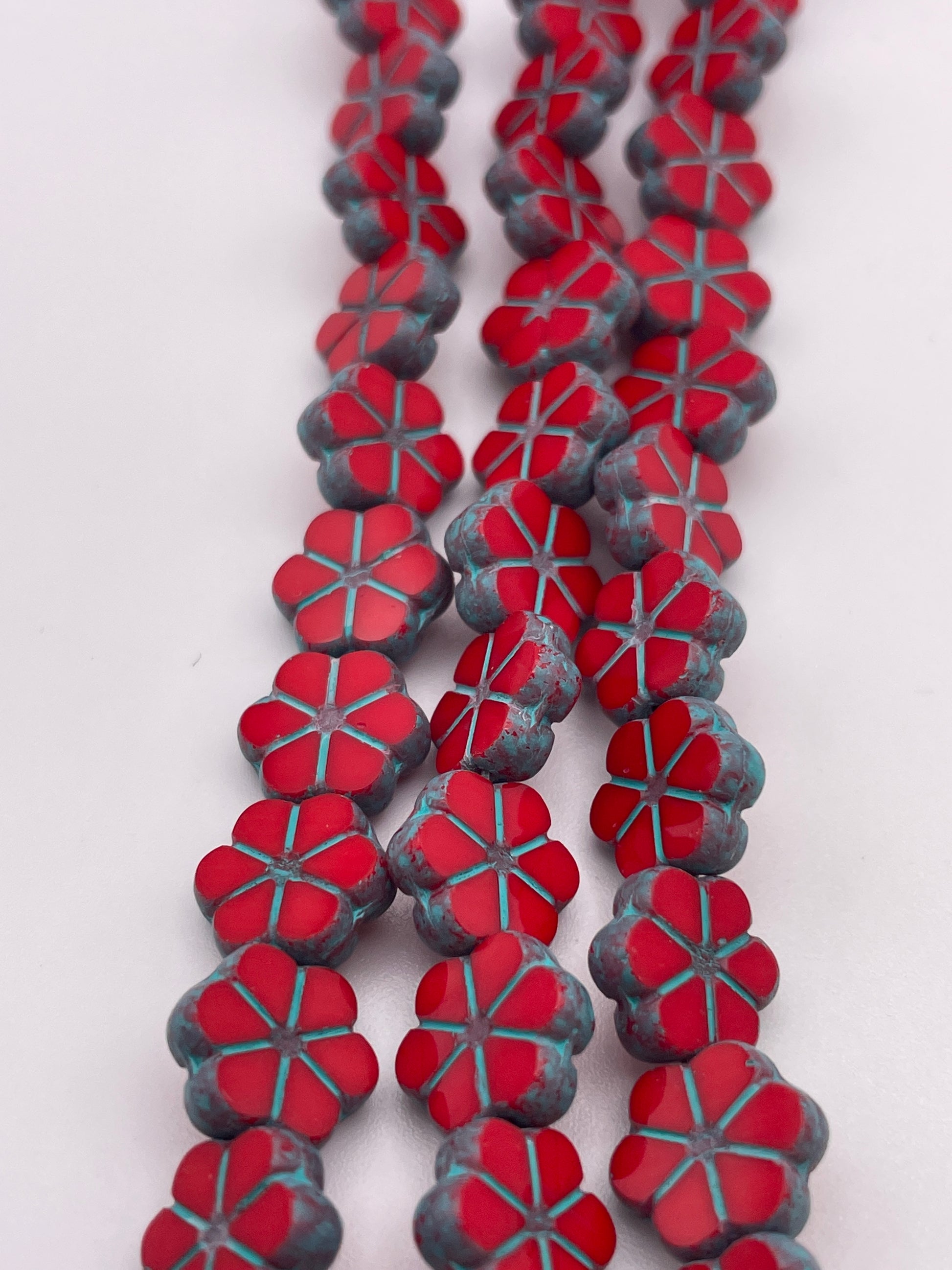 10mm Red Flower Czech Bead Strand.