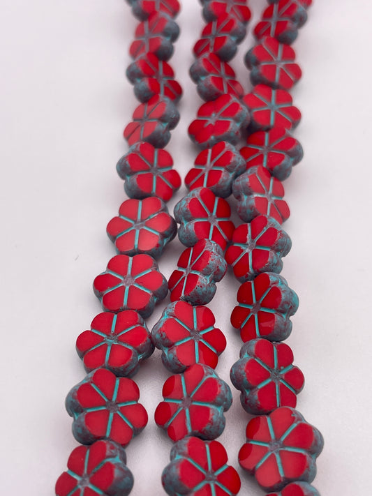 10mm Red Flower Czech Bead Strand.