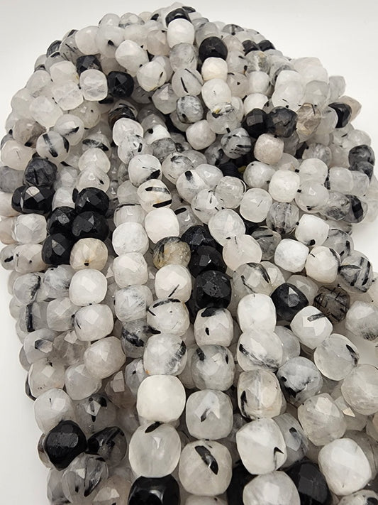 10mm Rutilated Quartz Square Faceted Bead Strand.