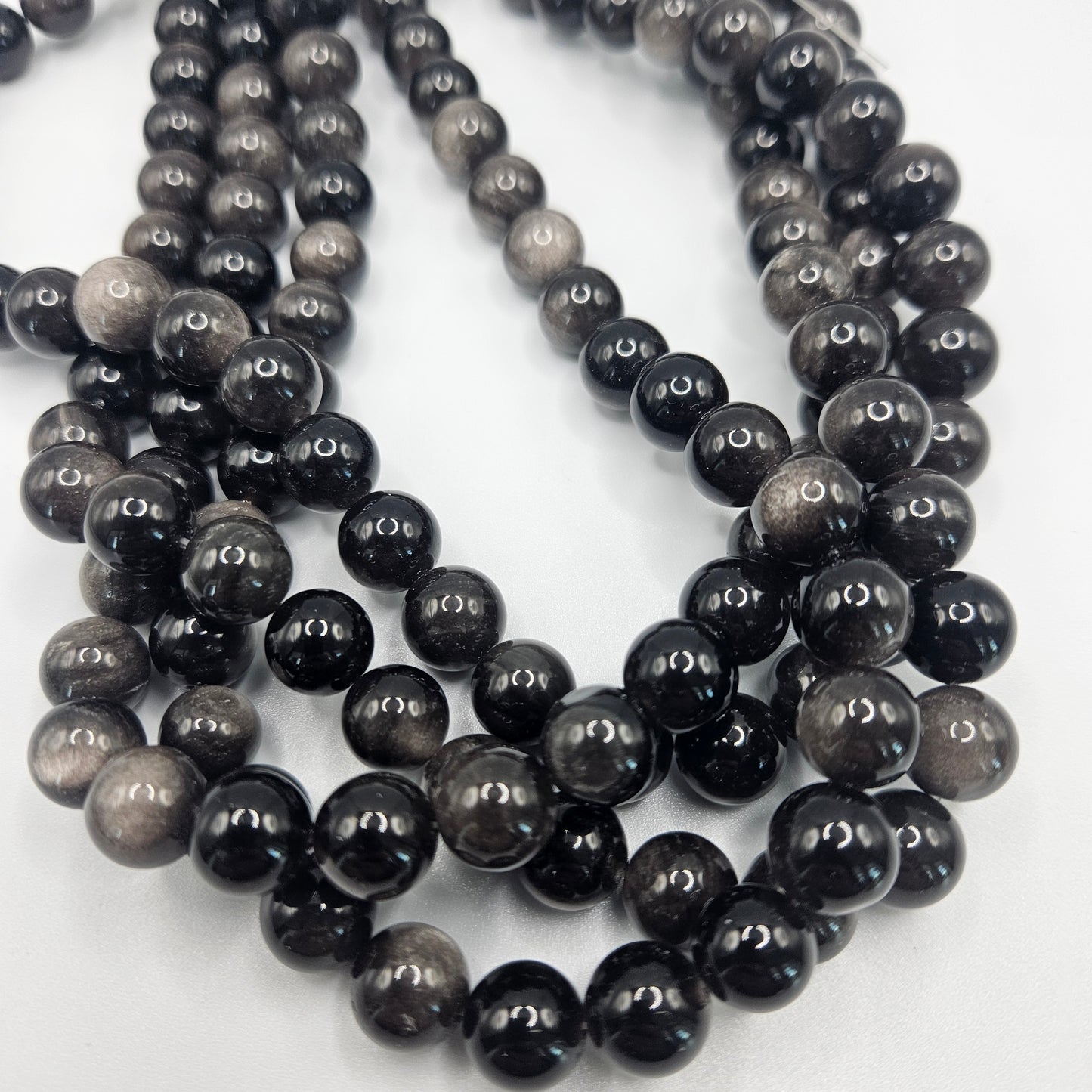 10mm Silver Obsidian Round Bead Strand.