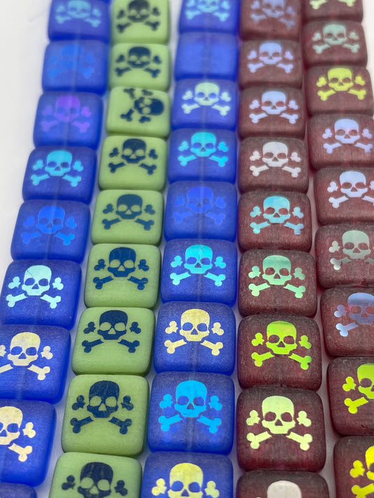10mm Skull & Cross Bones Square Czech Bead Strand.
