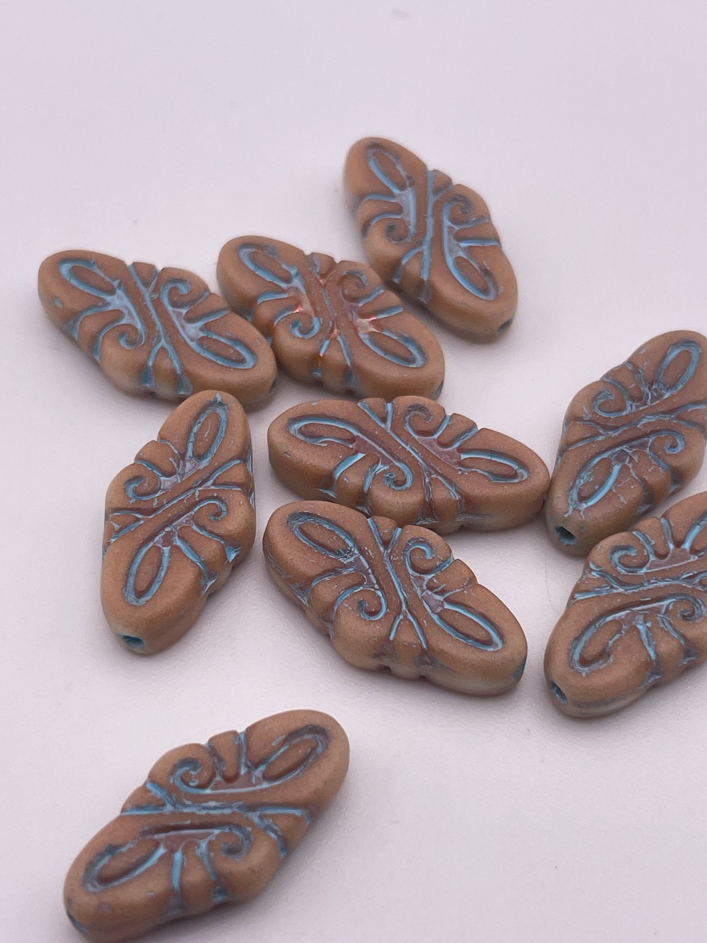 10mm Tan & Blue Pattern Rhombus Czech Bead Strand.