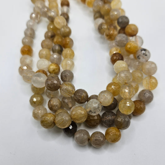 10mm Gold Rutilated Quartz Faceted Round Bead Strand.