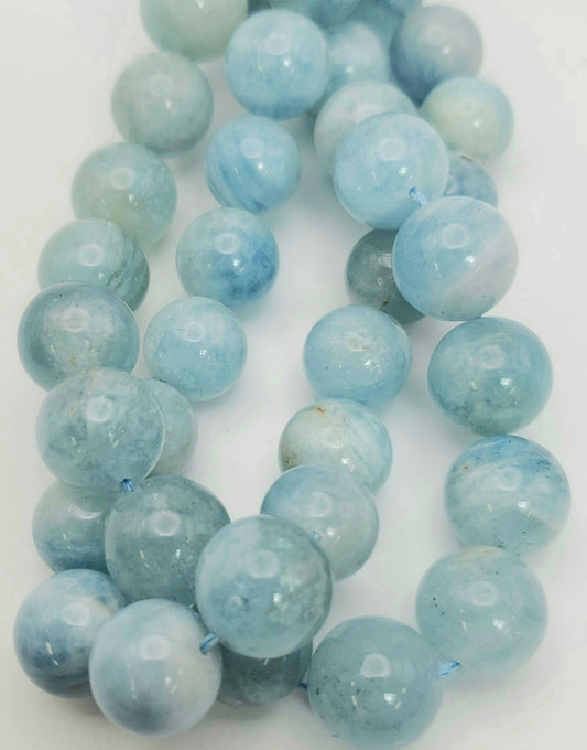 14mm Aquamarine Round Bead Strand.