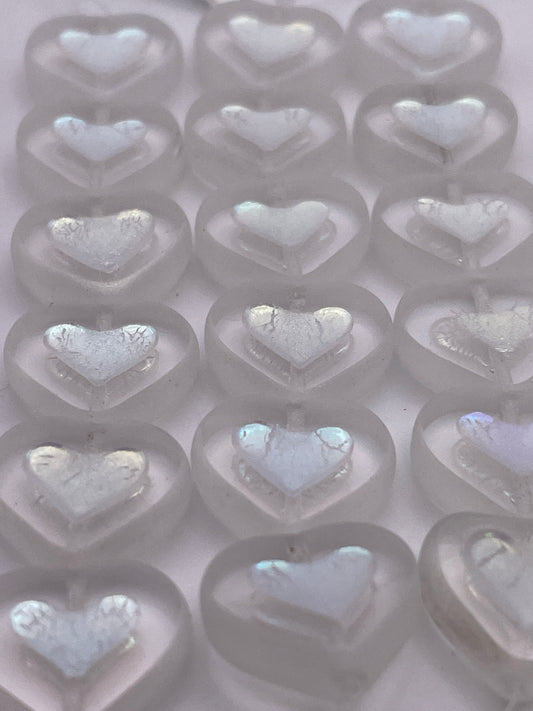 14mm Clear Heart and White Indent Czech Bead Strand.