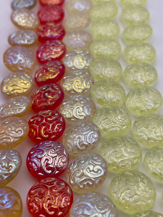 14mm Shiny Round Pattern Czech Bead Strand.