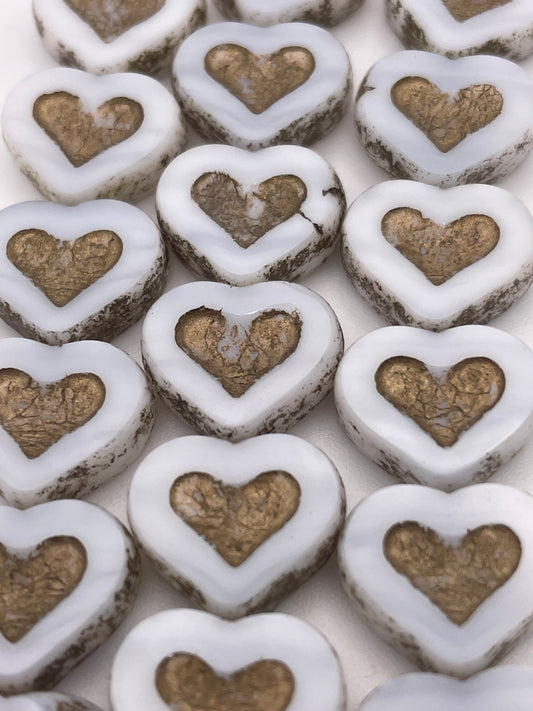14mm White Heart With Gold Indent Czech Bead Strand.