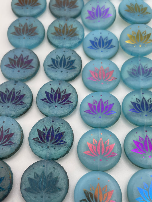 15mm Blue Lotus Flower Czech Bead Strand.