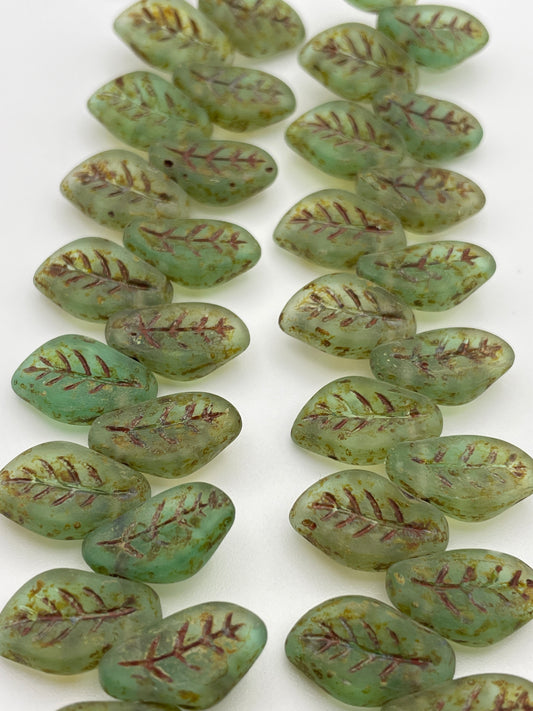 15mm Green Leaf Top Drilled Czech Bead Strand.