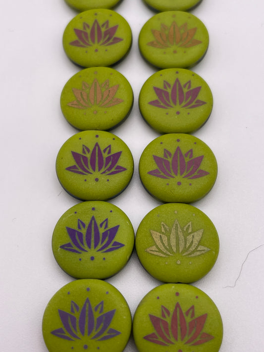 15mm Green Lotus Flower Czech Bead Strand.