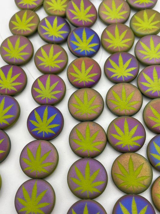 15mm Marijuana Leaf Czech Bead Strand.