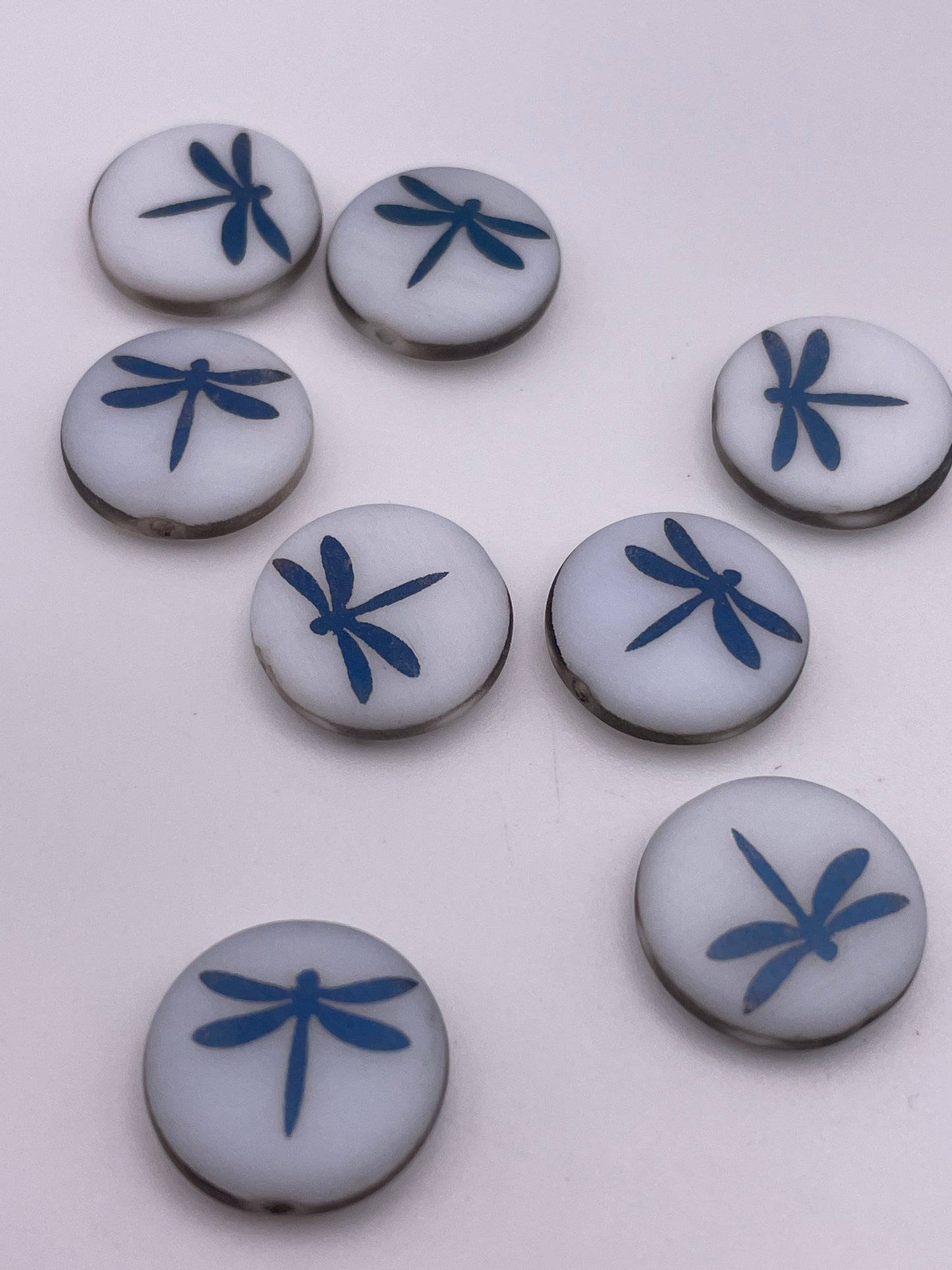 15mm Metallic Dragonfly On White Coin Czech Single Bead.