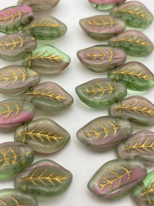 15mm Pink & Green Leaf Czech Bead Strand.