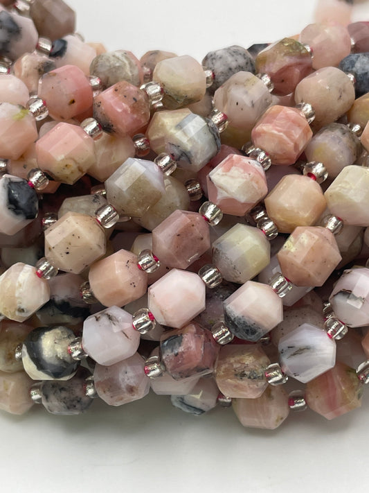15mm Pink Opal Lantern Cut Bead Strand.