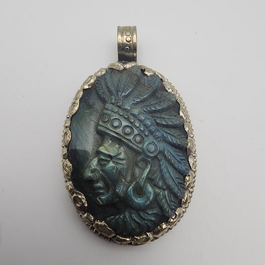 SS Labradorite Native American Carved Pendant