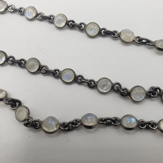 Rhodium SS Flat Coin Moonstone Chain