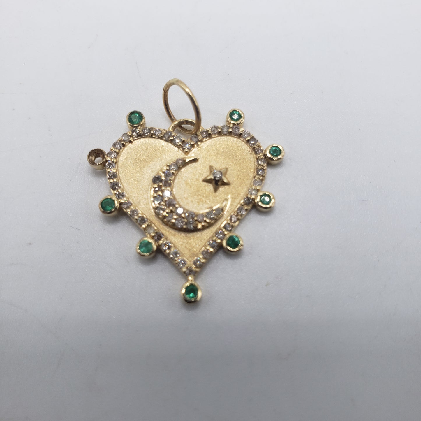 Gold With Diamond and Emeralds Heart Pendand Diamond Moon