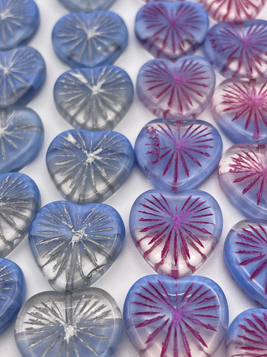 17mm Blue Heart Starburst Pattern Czech Bead Strand.