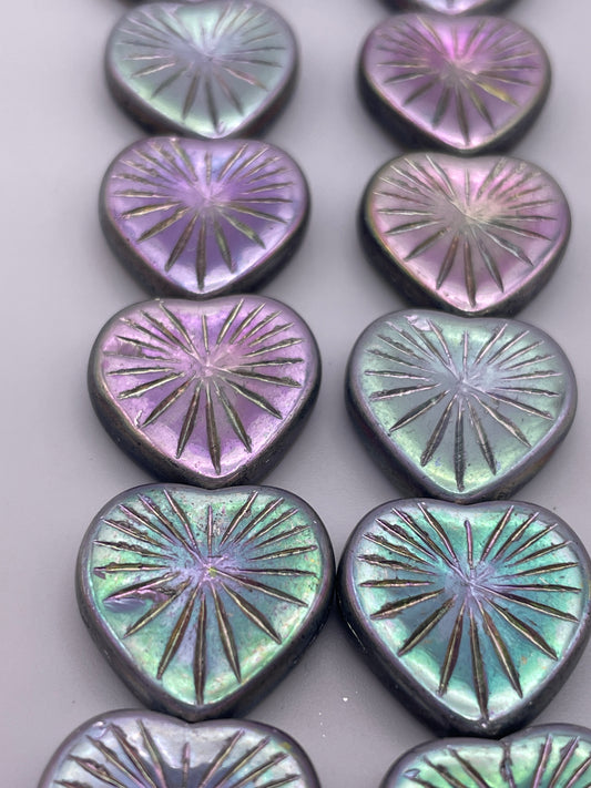 17mm Blue and Purple Heart Starburst Pattern Czech Bead Strand.