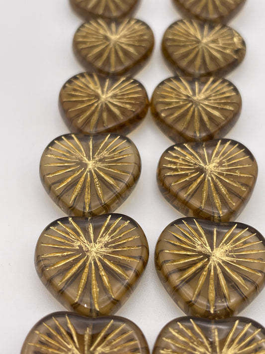17mm Brown Heart Starburst Pattern Czech Bead Strand.
