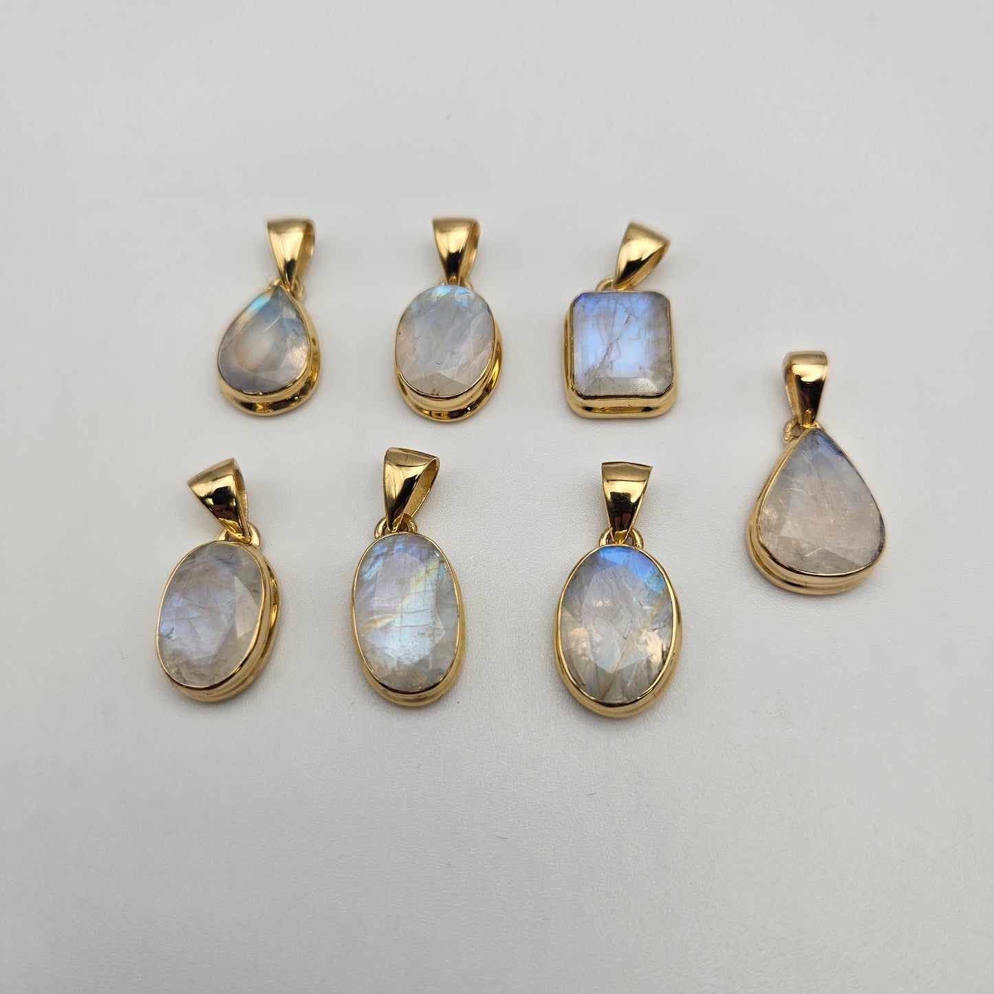 18k Gold Plated Sterling Silver Rainbow Moonstone Bezel Pendant.