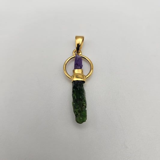 18k Gold Plated Round Rough Amethyst and Chrome Diopside Pendant.