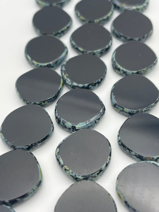 18mm Black And Blue Flat Disk Czech Bead Strand.