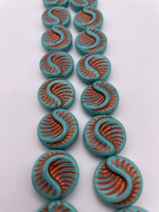 18mm Blue And Copper Wave Czech Glass Bead Strand.
