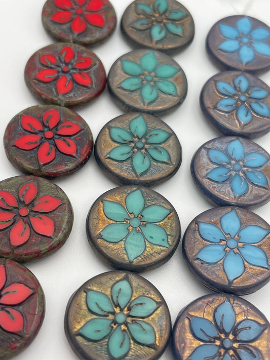 18mm Flower Pattern Coin Czech Bead Strand.