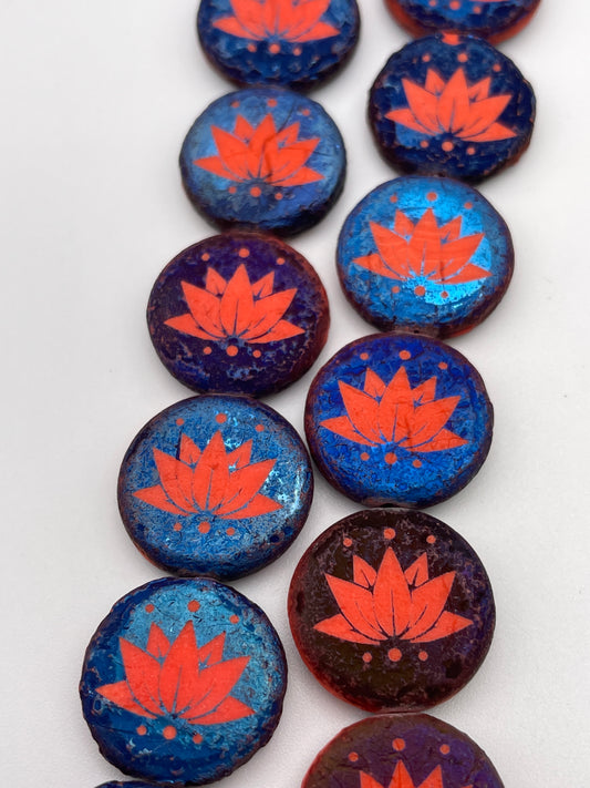 18mm Red Lotus Flower Czech Bead Strand.