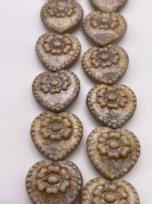 18mm Tan Heart With Flower Czech Glass Bead Strand.