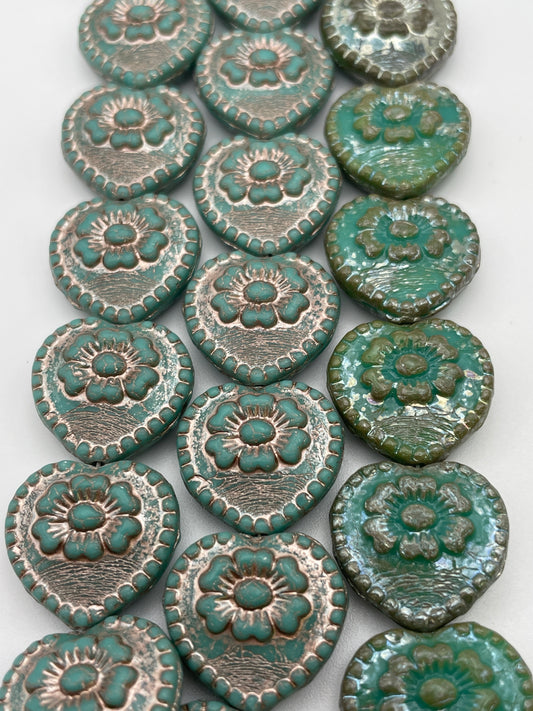 18mm Teal Heart With Flower Czech Bead Strand.
