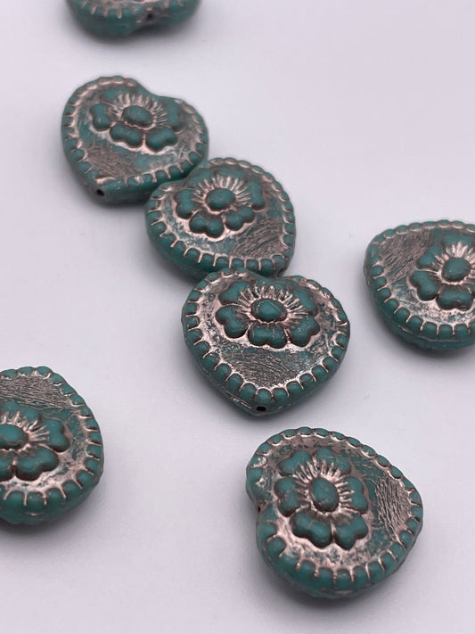 18mm Teal Heart With Flower Czech Single Bead.