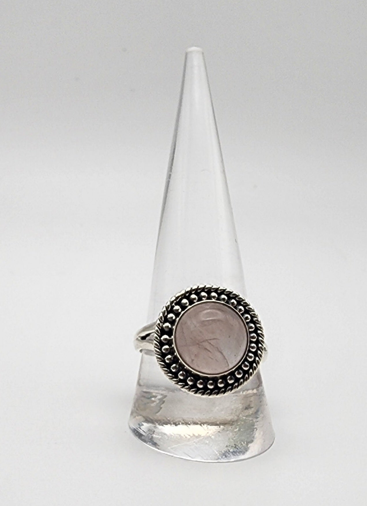 SS Rose Quartz Large Gemstone Round Ring
