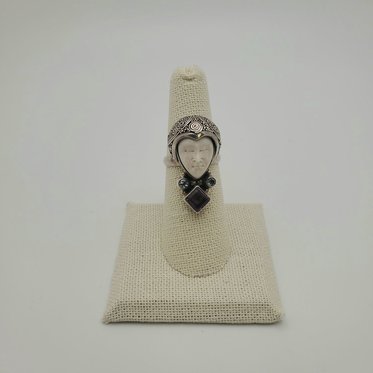 SS Carved Bone Amethyst Ring