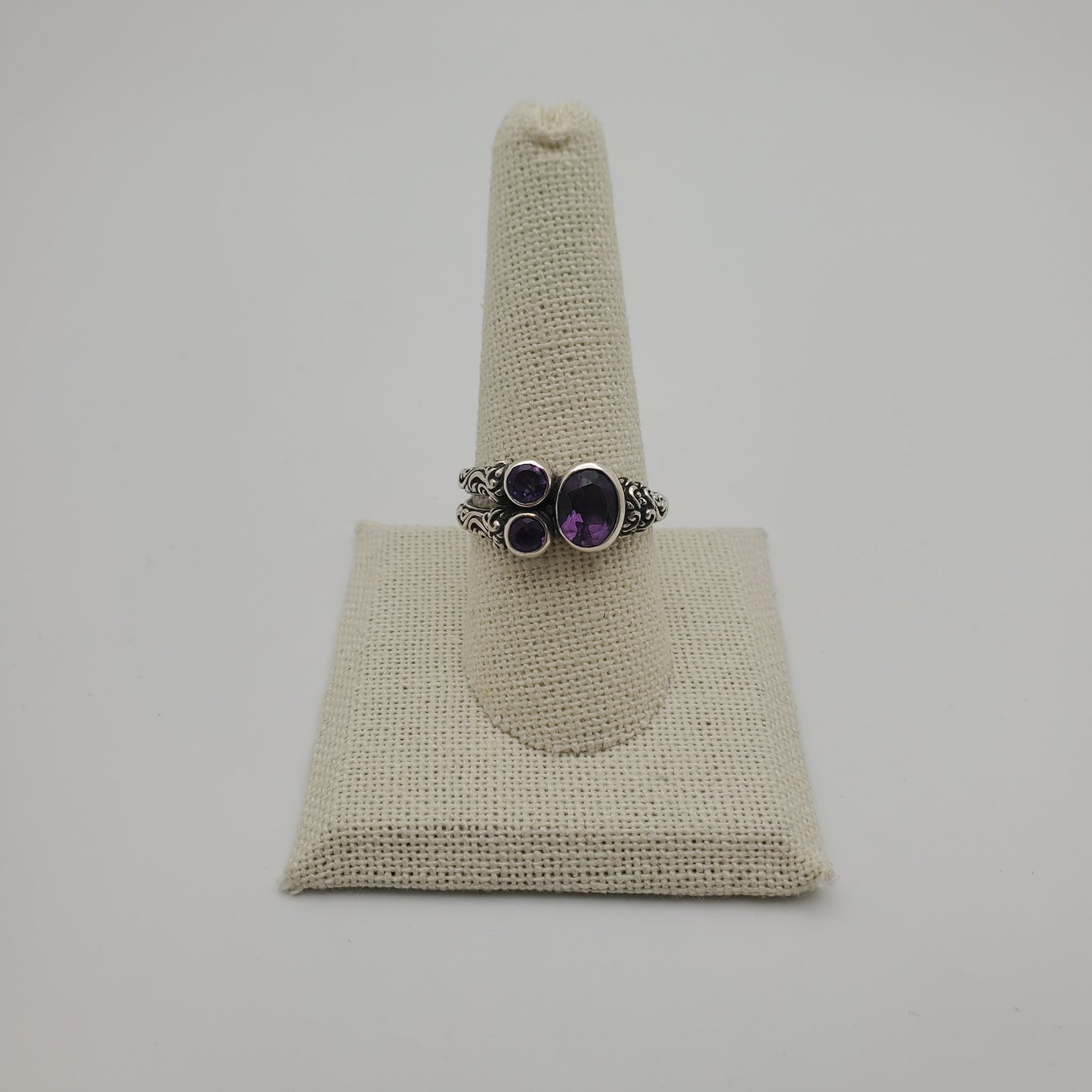 SS Amethyst 3 Stone Ring