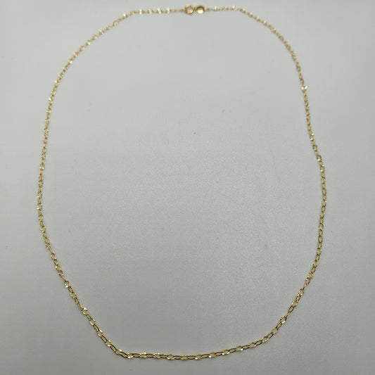 The 18" Diamond Cut Gold Cable Chain, with its delicate and evenly spaced links, is displayed on a plain white background.