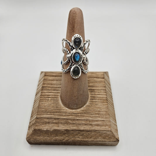 SS Moonstone/Labradorite Round Flower Ring