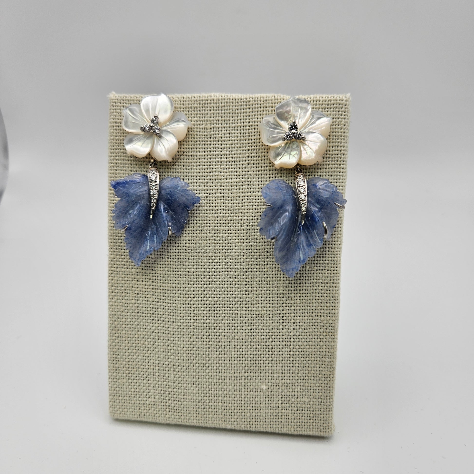 MOP Diamond Aventurine Carved Leaf Earrings