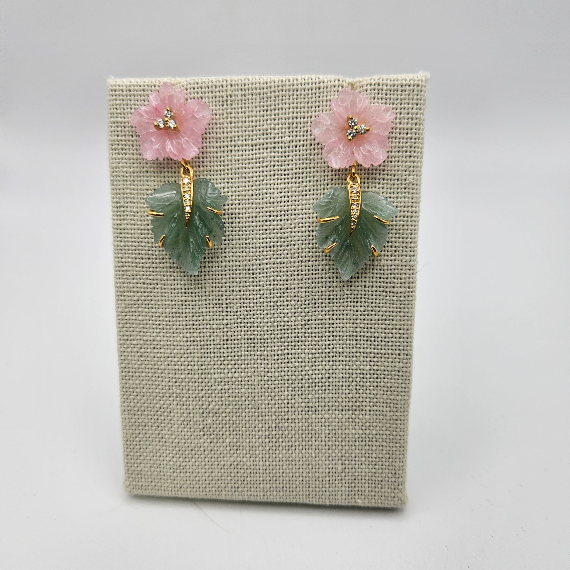 Diamond Rose Quartz Aventurine Carved Leaf Earrings