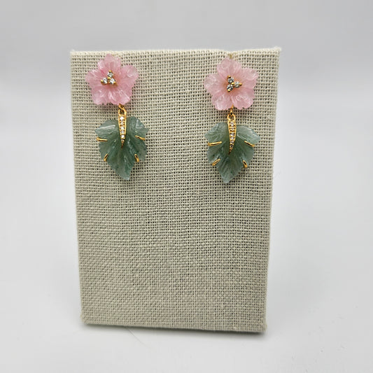 Diamond Rose Quartz Aventurine Carved Leaf Earrings
