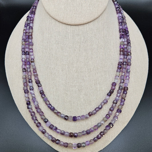 Amethyst Cube Triple Strand Necklace